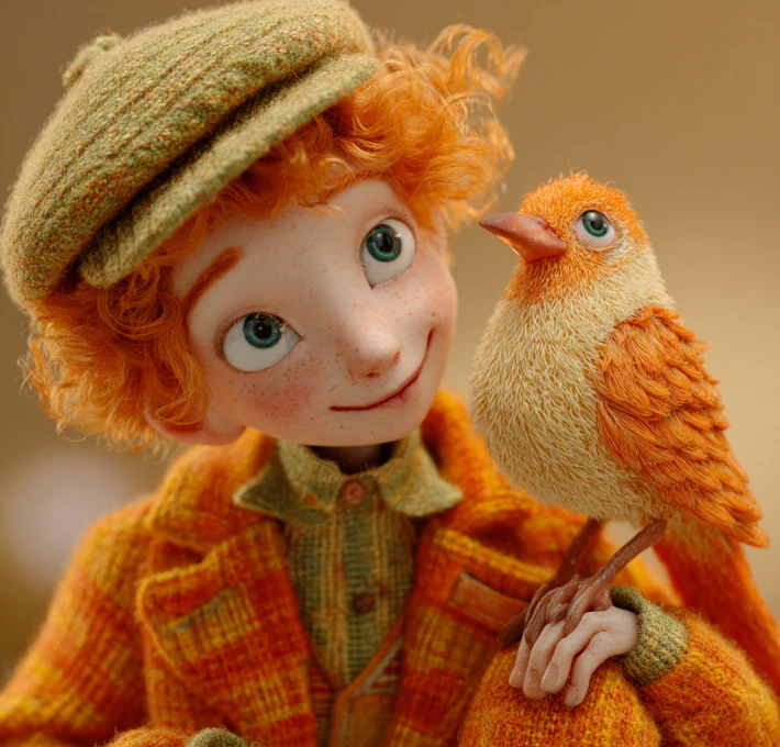 3D clay-style boy and bird character design created by AI, showcasing creative character modeling