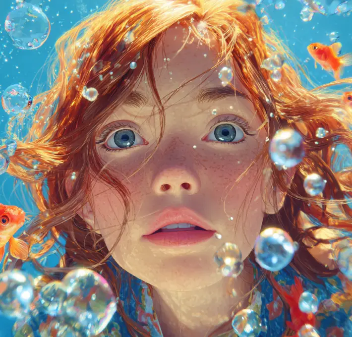 Ethereal anime-style underwater girl illustration generated by AI, featuring dreamlike bubble effects