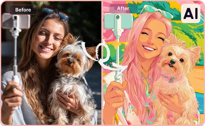 AI photo to illustration before-and-after (portrait with pet)